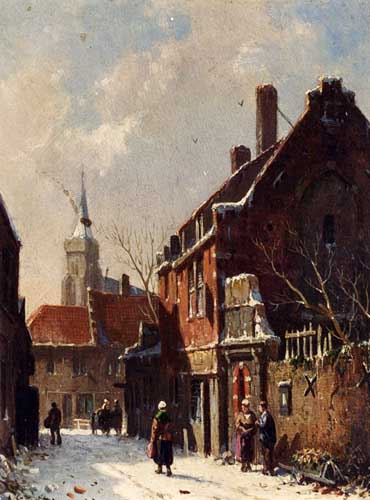 Painting Code#20051-Eversen, Adrianus(Netherlands): Figures In The Streets Of A Dutch Town In Winter