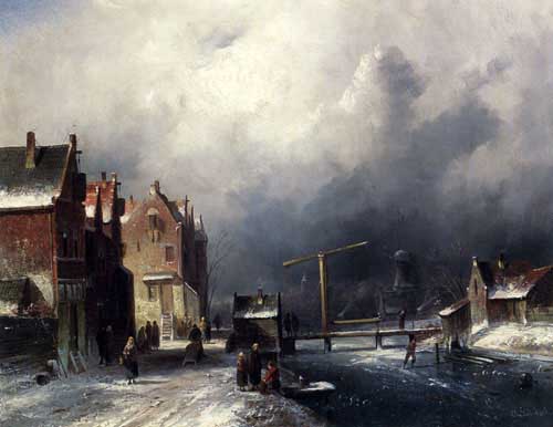 Painting Code#20057-Leickert, Charles Henri Joseph(Belgium): Figures In A Dutch Town By A Frozen Canal
