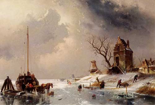 Painting Code#20059-Leickert, Charles Henri Joseph(Belgium): Figures Loading A Horse-Drawn Cart On The Ice
