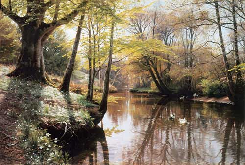 Painting Code#20060-Monsted, Peder Mork(Denmark): A River Landscape in Springtime