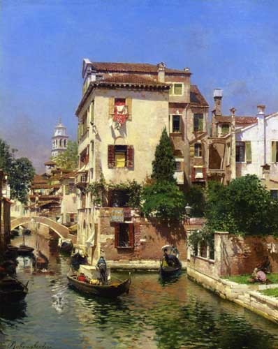 Painting Code#20140-Santoro, Rubens(Italy) - Gondoliers on A Venetian Canal