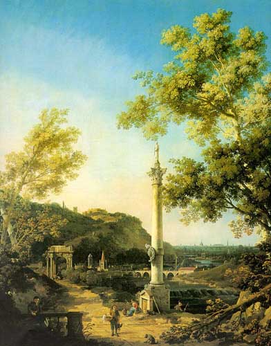 Painting Code#2148-Canaletto(Italy): Capriccio: River Landscape with a Column, a Ruined Roman Arch, and Reminiscences of England