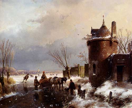 Painting Code#2195-Schelfhout, Andreas(Netherlands): Figures With A Horse Sledge On The Ice, A Town In The Distance