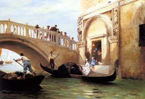 Painting Code#2728-Mouchot, Louis Claude(France): Le Depart pour la Promenade a Venise