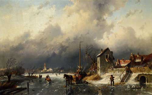 Painting Code#2934-Leickert, Charles Henri - A Frozen River Landscape with a Horsedrawn Sleigh