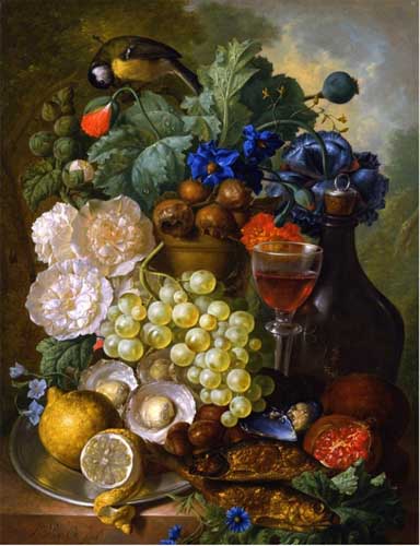 Painting Code#3053-Jan Van Os - Still Life with Fruits and Flowers, Oyster, Mussels, a Glass of Wine and a Decanter