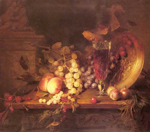 Painting Code#3330-Desgoffe, Blaise Alexandre(France): Still Life with Fruit, a Glass of Wine and a Bronze Vessel on a Ledge
