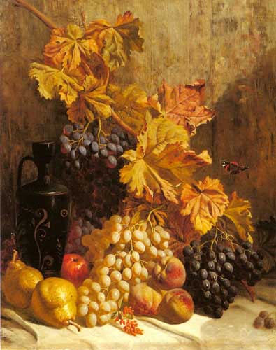 Painting Code#3366-Hughes, William(UK): A Still Life with Grapes, Pears, Peaches, an Urn and a Butterfly