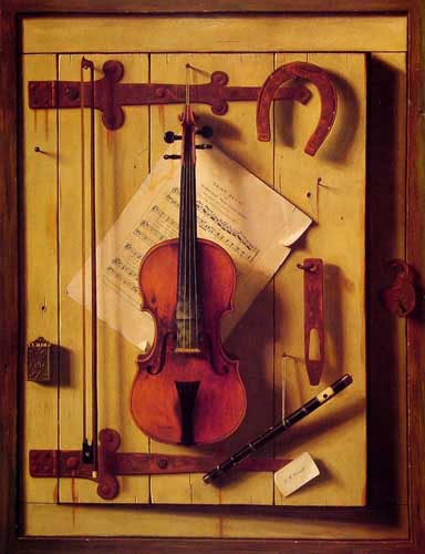 Painting Code#3381-Harnett, William Michael(USA): Still Life - Violin and Music( Music and Good Luck)