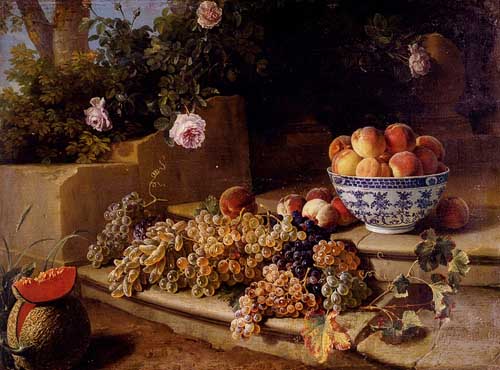 Painting Code#3520-Alexandre-Francois Desportes - Still Life Of Grapes, Peaches In A Blue And White Porcelain Bowl