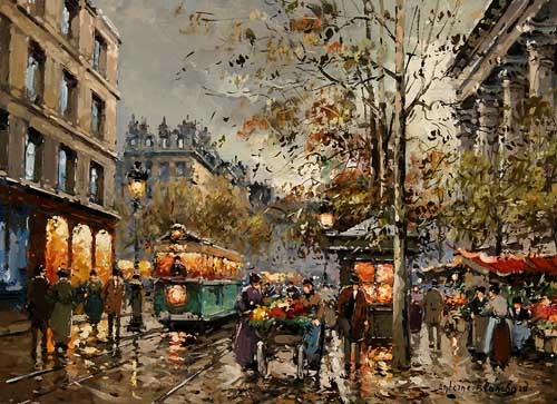 Painting Code#40658-Antoine Blanchard(France): Place de la Madeleine Marche Aux Fleurs