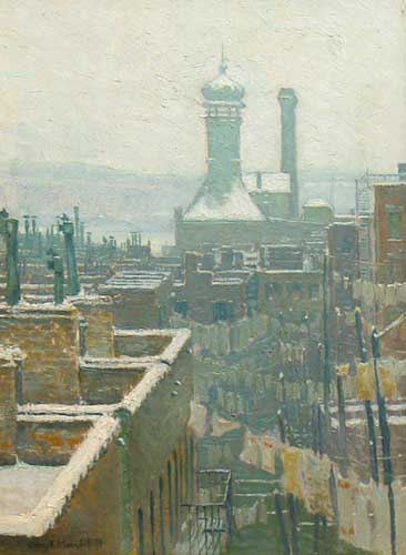 Painting Code#40696-GEORGE MUENDEL: Rooftops in Winter