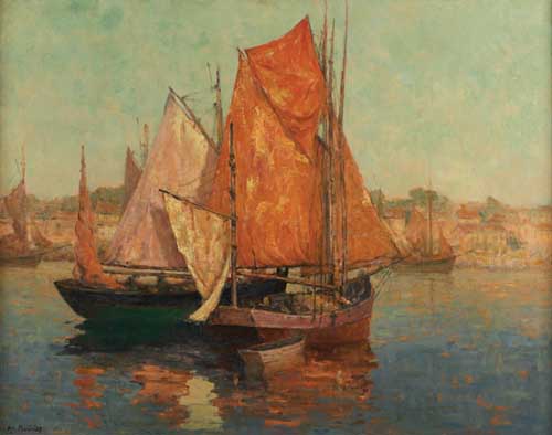 Painting Code#40925-Marcel Louis Sauvaige(France): Harbor Scene