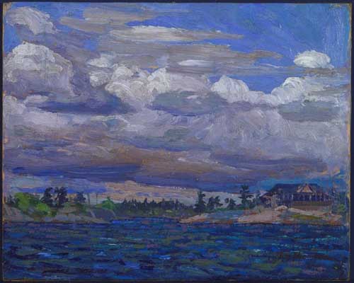Painting Code#40969-Thomson, Tom(Canadian, 1877-1917): Cottage on a Rocky Shore