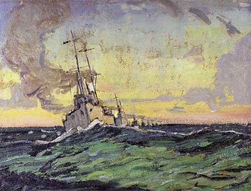 Painting Code#40988-Lismer, Arthur(Canadian, 1885-1969): Minesweepers at Sea