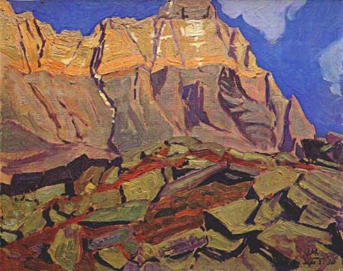 Painting Code#41015-J. E. H. MacDonald(Canadian, 1873-1932): Lichen Covered Shale Slabs