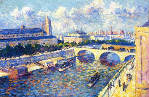 Painting Code#41054-Maximilien Luce - Paris, the Seine and the Quai de la Megisserie viewed from the Quai de Horloge