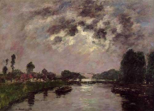 Painting Code#42331-Eugene-Louis Boudin - Saint-Valery-sur-Somme, the Canal d&#039;Abbeville