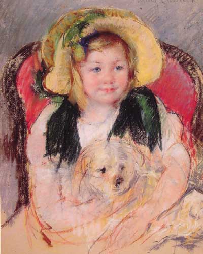 Painting Code#45408-Cassatt, Mary(USA): Sara with Her Dog, in an Armchair, Wearing a Bonnet with a Plum Ornament
