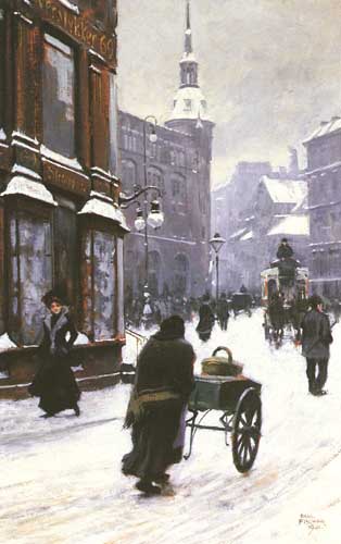 Painting Code#45418-Fischer, Paul Gustave(Denmark): A Street Scene In Winter, Copenhagen