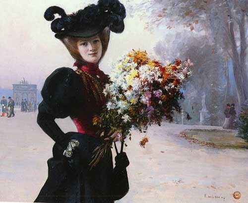 Painting Code#45493-Launay, Fernand de(France): Lady with Flowers, Garden of the Tuileries