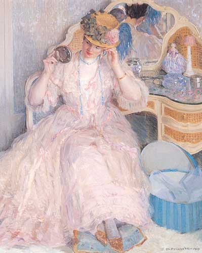 Painting Code#45660-Frieseke, Frederick Carl(USA): Lady Trying On a Hat