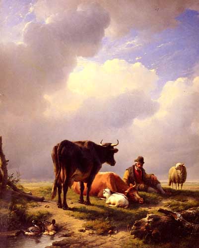 Painting Code#5182-Verboeckhoven, Eugene Joseph: A Farmer At Rest With His Stock