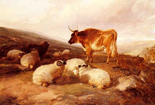 Painting Code#5260-Cooper, Thomas Sidney(UK): Rams And A Bull In A Highland Landscape 
 
