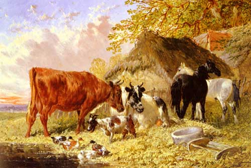 Painting Code#5283-Herring, Jnr., John Frederick: Horses, Cows, Ducks and a Goat by a Farmhouse