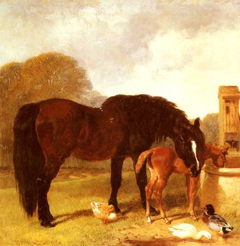 Painting Code#5285-Herring Snr, John Frederick(England): Horse and Foal watering at a trough