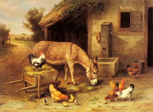 Painting Code#5299-Hunt, Edgar(UK): A Donkey and Chickens Outside a Stable