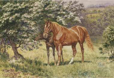 Painting Code#5363-Wilson Hepple - Mare and Her Foal in a Spring Meadow