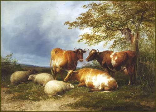 Painting Code#5663-Cooper, Thomas Sidney(UK): Cattle and Sheep Resting under a Tree