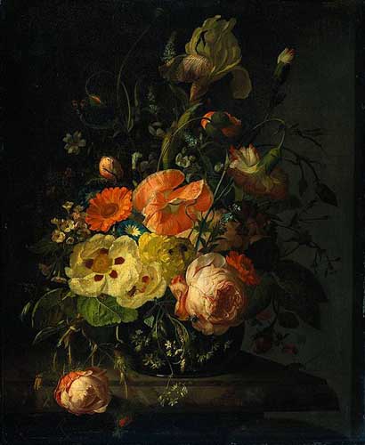 Painting Code#6371-Rachel Ruysch - Still Life with Flowers on a Marble Tabletop