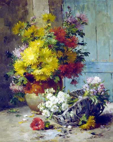 Painting Code#6420-Eugene Henri Cauchois: Still Life of Summer Flowers
