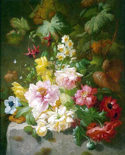 Painting Code#6554-Arnoldus Bloemers - Still Life with Roses, Marigolds and Daffodils
