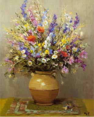 Painting Code#6788-Marcel Dyf - Bouquet dans un vase de gres