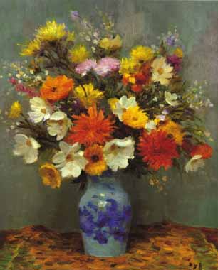 Painting Code#6790-Marcel Dyf - Cosmos and Dahlias