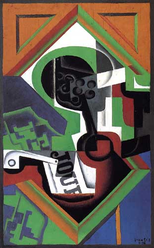 Painting Code#7606-Juan Gris: Pipe and Fruit Dish with Grapes